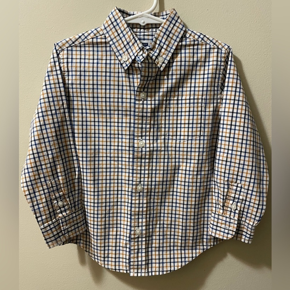 Janie and Jack Boys Blue Tan Plaid Cotton Button Down Shirt Size 3 Long Sleeve